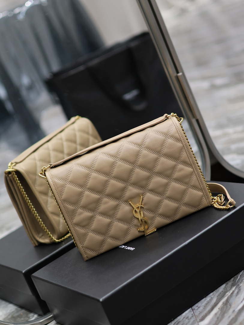 YSL 629246 サンローラン ベッキー チェーンショルダーバッグ 25cm レザー アプリコット