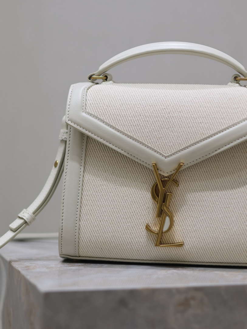 YSL 623930 カサンドラ ミニトップハンドル（箱入り）サンローラン リネン ホワイトレザー