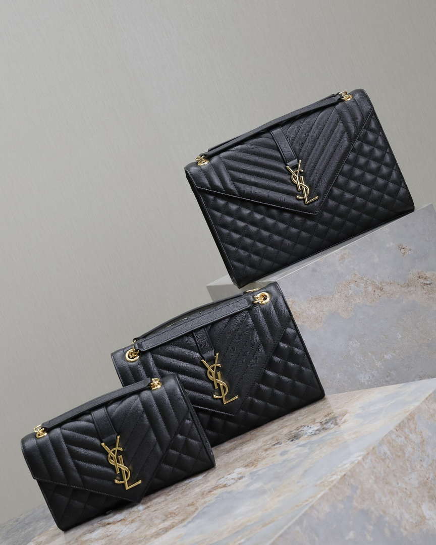 YSL 600185 エンベロープ ミディアム キルティング グレイン・ド・プードル エンボスレザー ブラック ゴールド