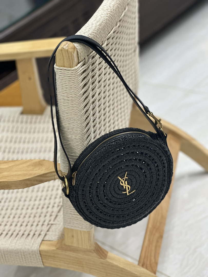 YSL 744292 サンローラン ラウンドバッグ（ブラックラフィア＆ベジタブルタンニンレザー）