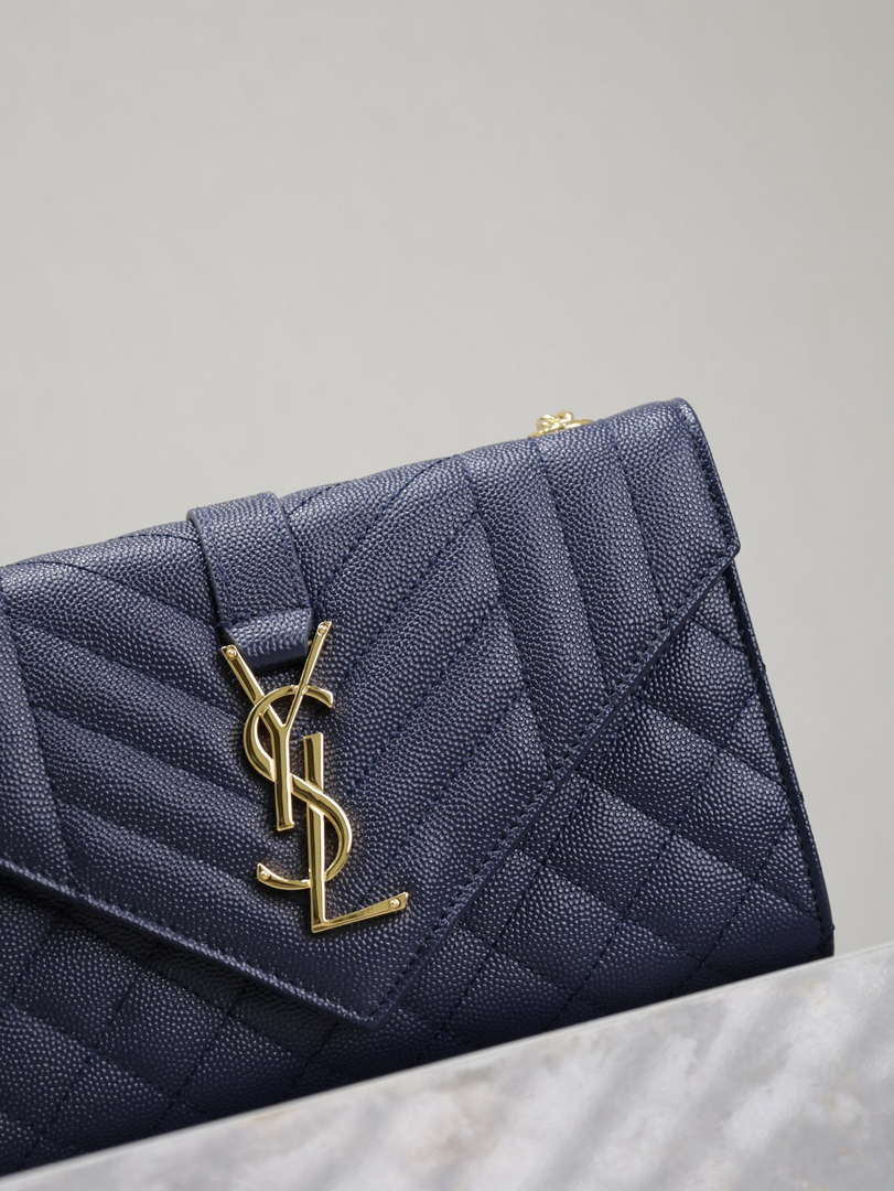YSL 600195 エンベロープ スモール キルティング グレイン・ド・プードル エンボスレザー ネイビーブルー