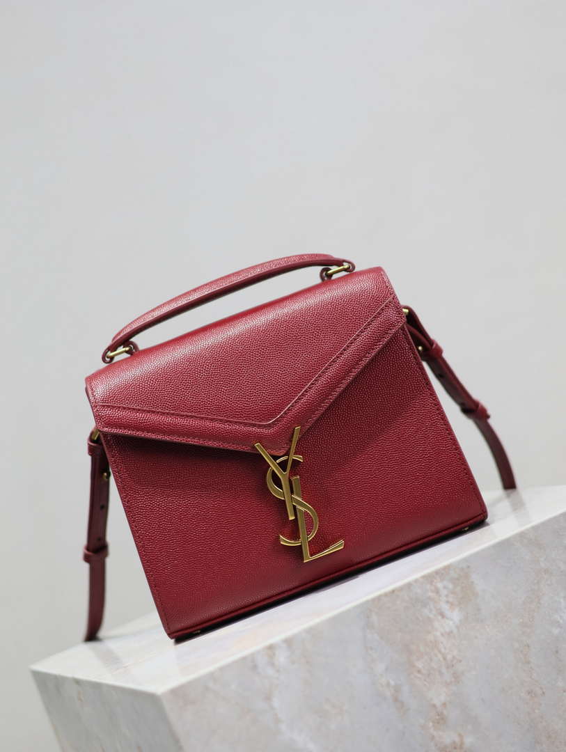 YSL 623930 カサンドラ ミニ トップハンドルバッグ グレイン・ド・プードル エンボスレザー ワインレッド