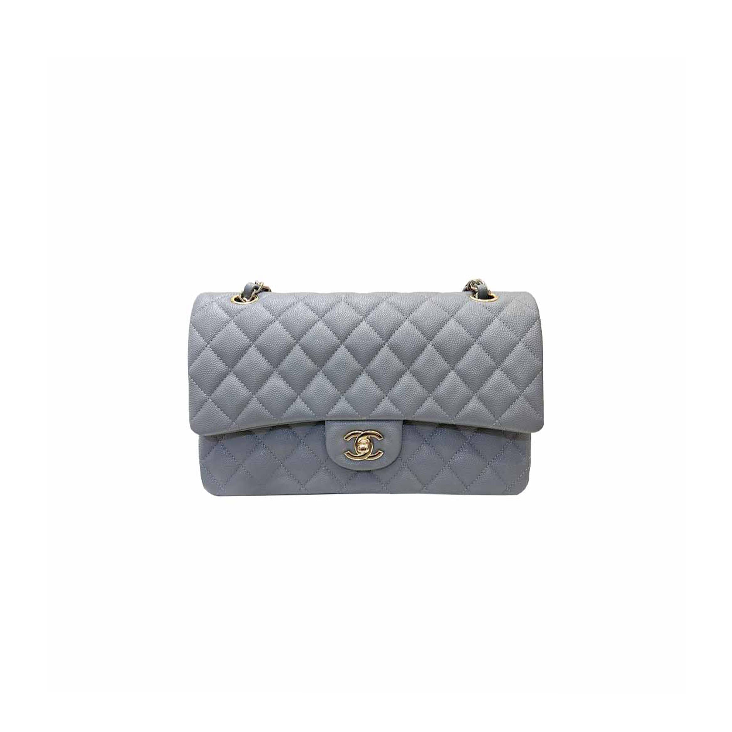 シャネル クラシック ミディアム フラップ グレー キャビア ライトゴールド金具 A37586 (25.5×15.5×6.5cm)