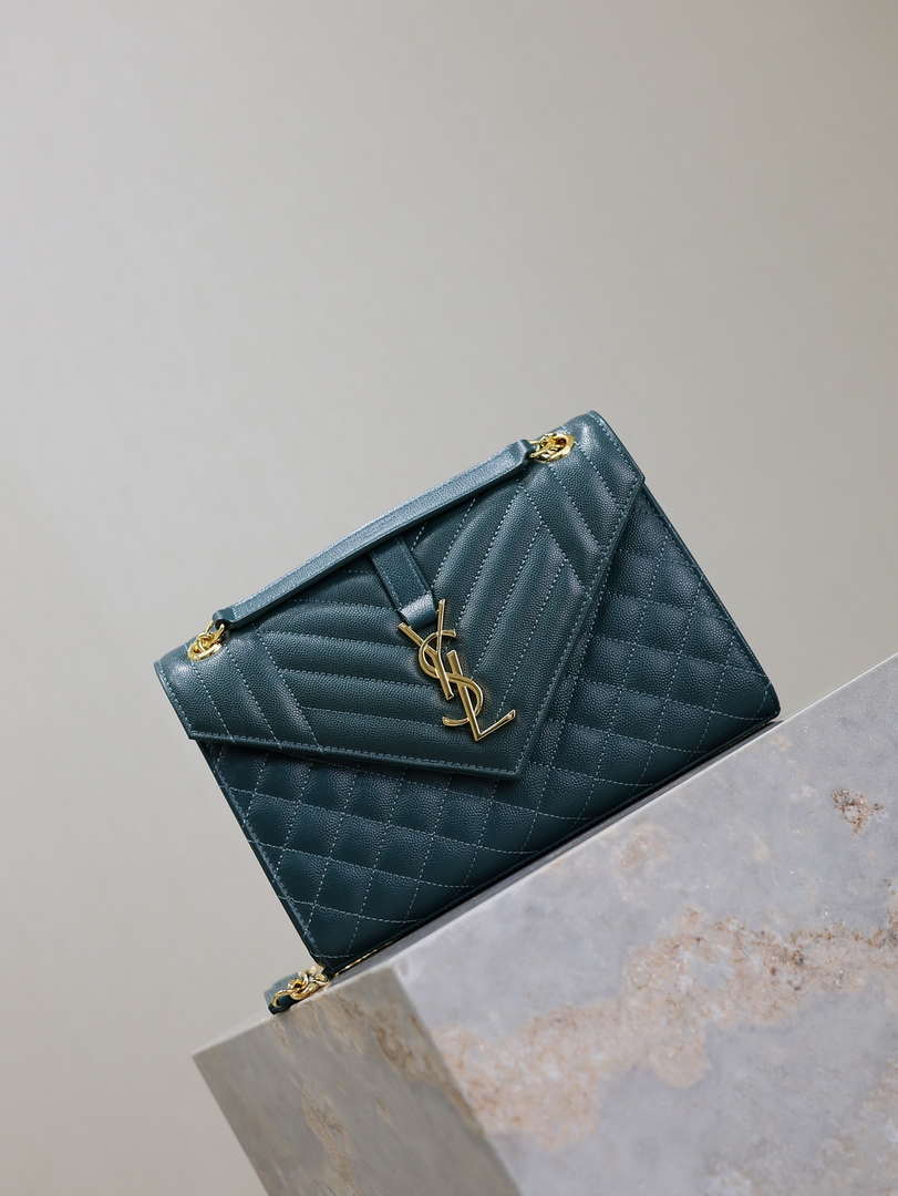 YSL 600185 エンベロープ ミディアム キルティング グレイン・ド・プードル エンボスレザー ターコイズ