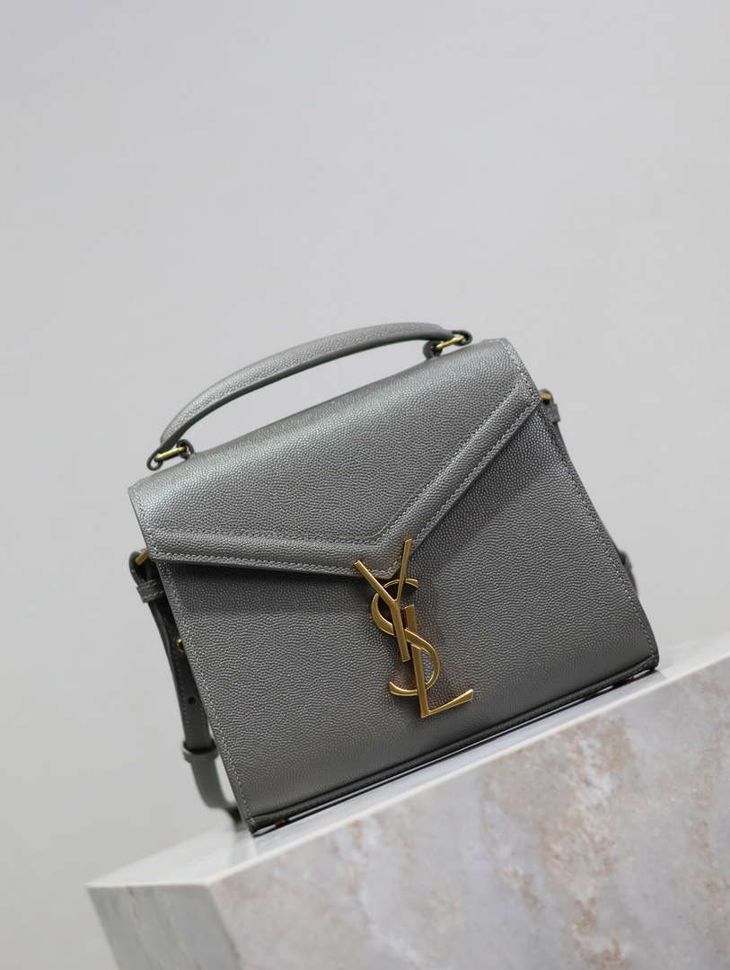YSL 623930 カサンドラ ミニ トップハンドルバッグ グレイン・ド・プードル エンボスレザー グレー