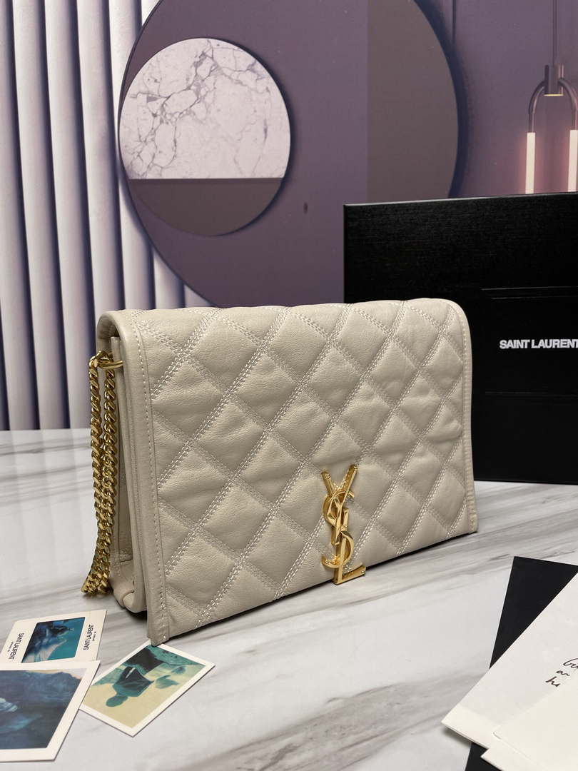 YSL 629246 サンローラン ベッキー チェーンショルダーバッグ 25cm レザー ベージュ シルバー