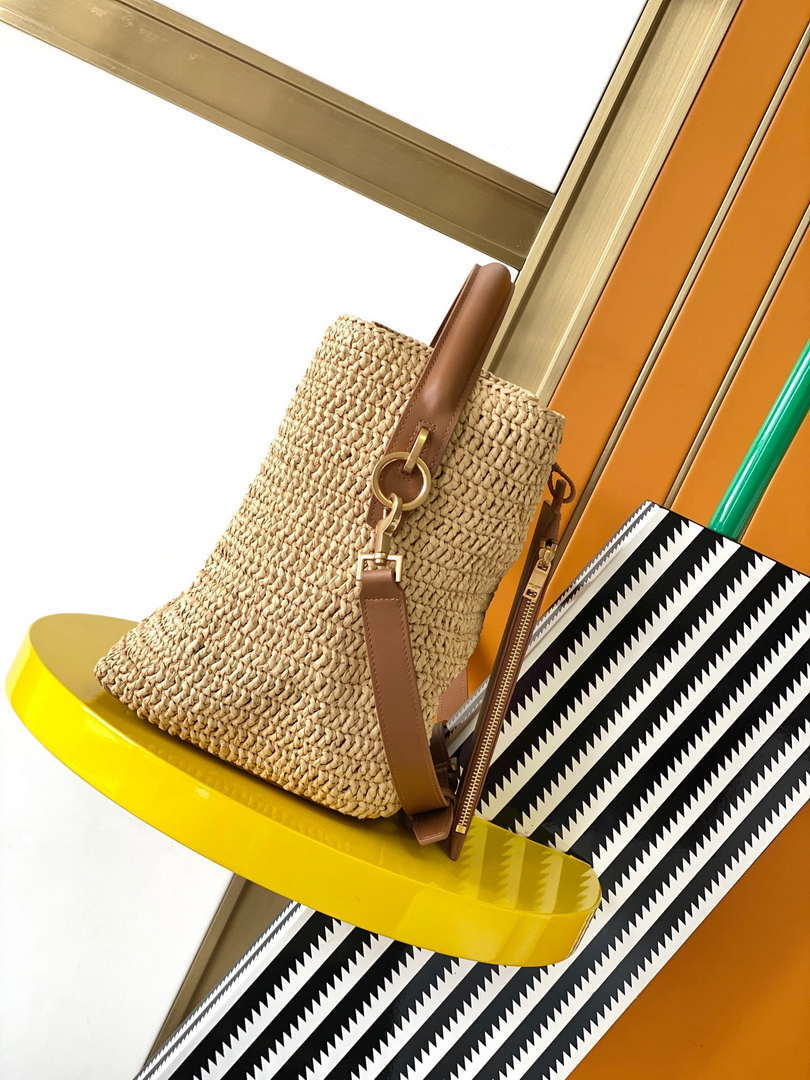 YSL 773991 LE 37 織りラフィアと植物タンニンなめしレザー ナチュレル