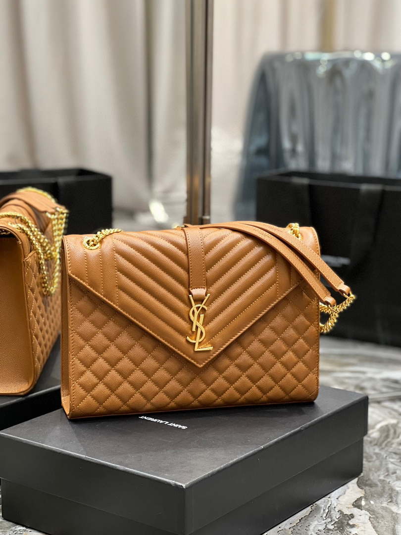 YSL 600166 エンベロープ ラージ キルティング グレイン・ド・プードル エンボスレザー ブラック キャラメル
